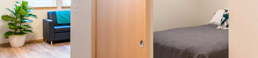 a bedroom with a bed and a closet at Arbora Court, Seattle, WA
