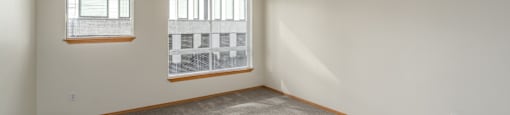 A room with a grey carpet and two windows.
