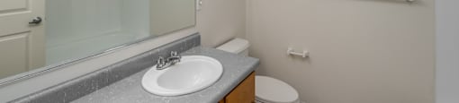 A bathroom with a sink, toilet, and mirror.