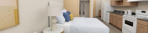 Bed and kitchen for studioat Cedar Crossing, Washington, 98115