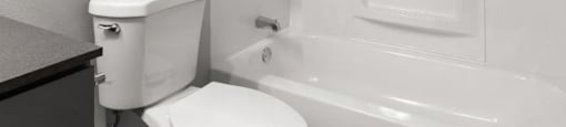 A white toilet sits next to a bathtub in a bathroom.