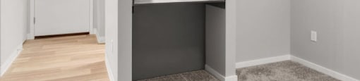 A kitchen with a refrigerator, sink, and cabinets is visible from the living room.
