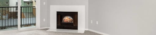 A modern living room with a fireplace and carpeted floor.