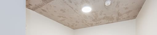 A room with a wooden floor and a ceiling with stains.