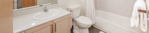 A bathroom with a toilet, sink, and shower.