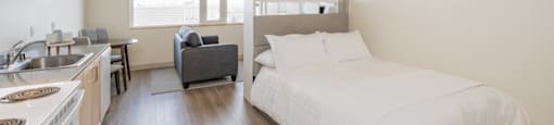 A modern bedroom with a large bed and a kitchen area.
