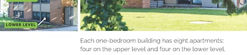 Three one-bedroom buildings with four apartments on the upper level and four apartments on the lower level.