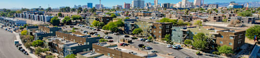 an aerial view of the city with buildings and a city skyline at Maryland Villas Apartments, Las Vegas, NV, 89101