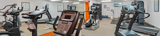 A gym with treadmills and exercise bikes.