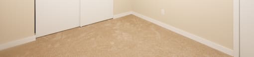 A room with a white door and a carpeted floor.