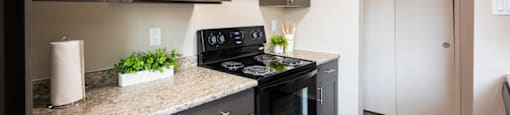 A kitchen with dark wood cabinets and a granite countertop.