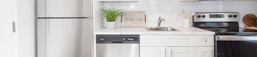 Rent in Winnipeg: a modern kitchen with white cabinets and stainless steel appliances