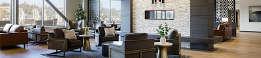 Fireplace Lounge with vaulted ceiling at Harbor Heights 55+ Community, Washington, 98501