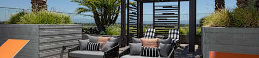a patio with lounge chairs and a pergola with palm trees in the background