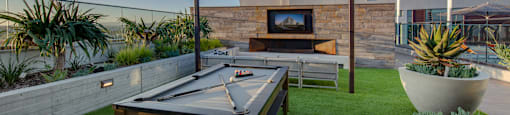 a pool table on a grassy area with a tv in the background