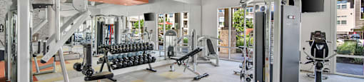a gym with a lot of weights and cardio equipment and a ceiling fan