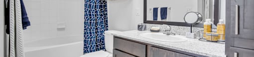a bathroom with a shower toilet and sink and a mirror