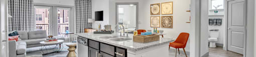 a spacious living room and kitchen with an open floor plan