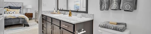 a bathroom with a toilet and a vanity with a mirror