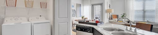 an open kitchen with a washer and dryer and a laundry room