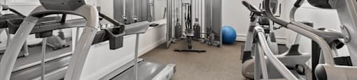 a gym with cardio equipment and weights on the floor