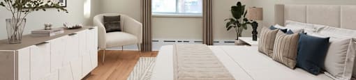 A bedroom with a large bed and a chair.