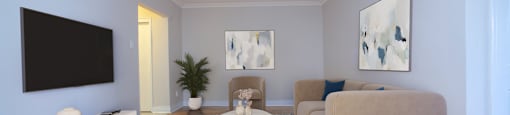 A living room with a white couch and a rug.