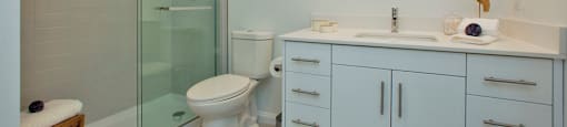 Watson Park Apartments bathroom featuring walk-in shower and modern appliances in Guelph, ON