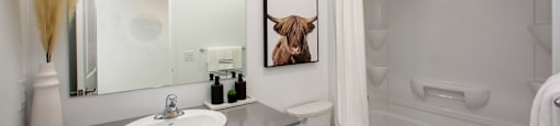 Bathroom in a one bedroom suite with white cabinetry and large mirror at Bayfield Tower Apartments in Barrie, ON