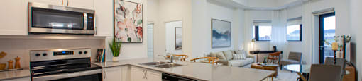 Open concept kitchen with living room in background, featuring quartz countertops