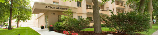 Acton Apartments image of exterior path to front entrance with landscaping in Acton, ON