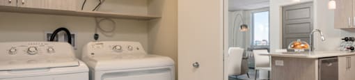 Convenient In-suite laundry with washer and dryer at Axial Towers apartment in Laval, Quebec