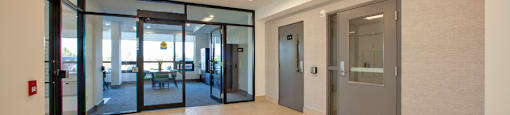 Lobby looking towards social room at Bayfield Tower Apartments in Barrie, ON