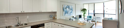 Bay Terrace open concept kitchen with view of living room in Belleville, ON