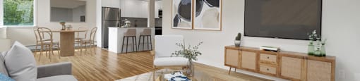 Bayview Gardens Apartments open-concept living room featuring large brightly lit windows in White Rock, BC