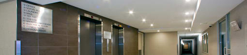 Brighton Court lobby with elevators in Windsor, ON