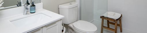 a white bathroom with a shower toilet and sink