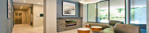 Cambridge Place Apartments renovated lobby featuring lounge seating and ceramic flooring in Scarborough, ON