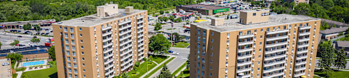 Capitol Hill in Kitchener, ON exterior drone view of both buildings