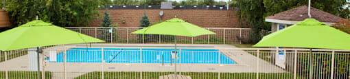 Capitol Hill in Kitchener, ON outdoor pool with picnic tables and umbrellas