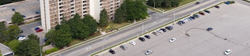 Cedarwoods Tower drone view of exterior of building in Kitchener, ON