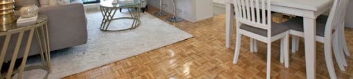 Cedarwoods Tower in Kitchener, ON open concept kitchen, dining and living room with hard surface flooring