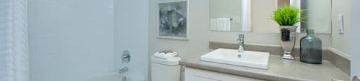 Dorchester Apartments modern bathroom with full size bathtub in Niagara Falls, ON