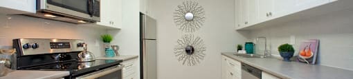Dorchester Apartments contemporary kitchen with white cabinetry and stainless steel appliances in Niagara Falls, ON