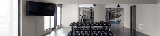 A gym with a row of dumbbells and weight plates.