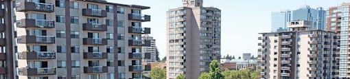 Horizon Towers in Burnaby, BC drone image of building