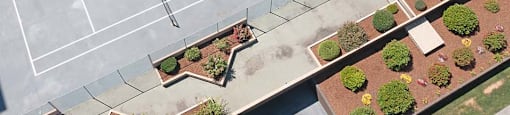 Horizon Towers in Burnaby, BC drone image of tennis court and pool