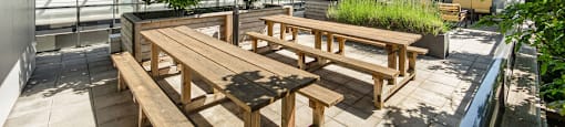A wooden table and benches are on a patio with trees in the background at 388 Kaslo East Village.