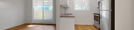 Kensington Apartments in Brockville partially open concept kitchen on right side and living on left side