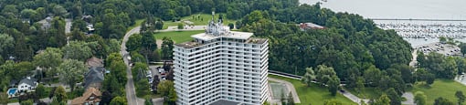 La Salle Towers building drone exterior featuring the lake in Burlington, ON